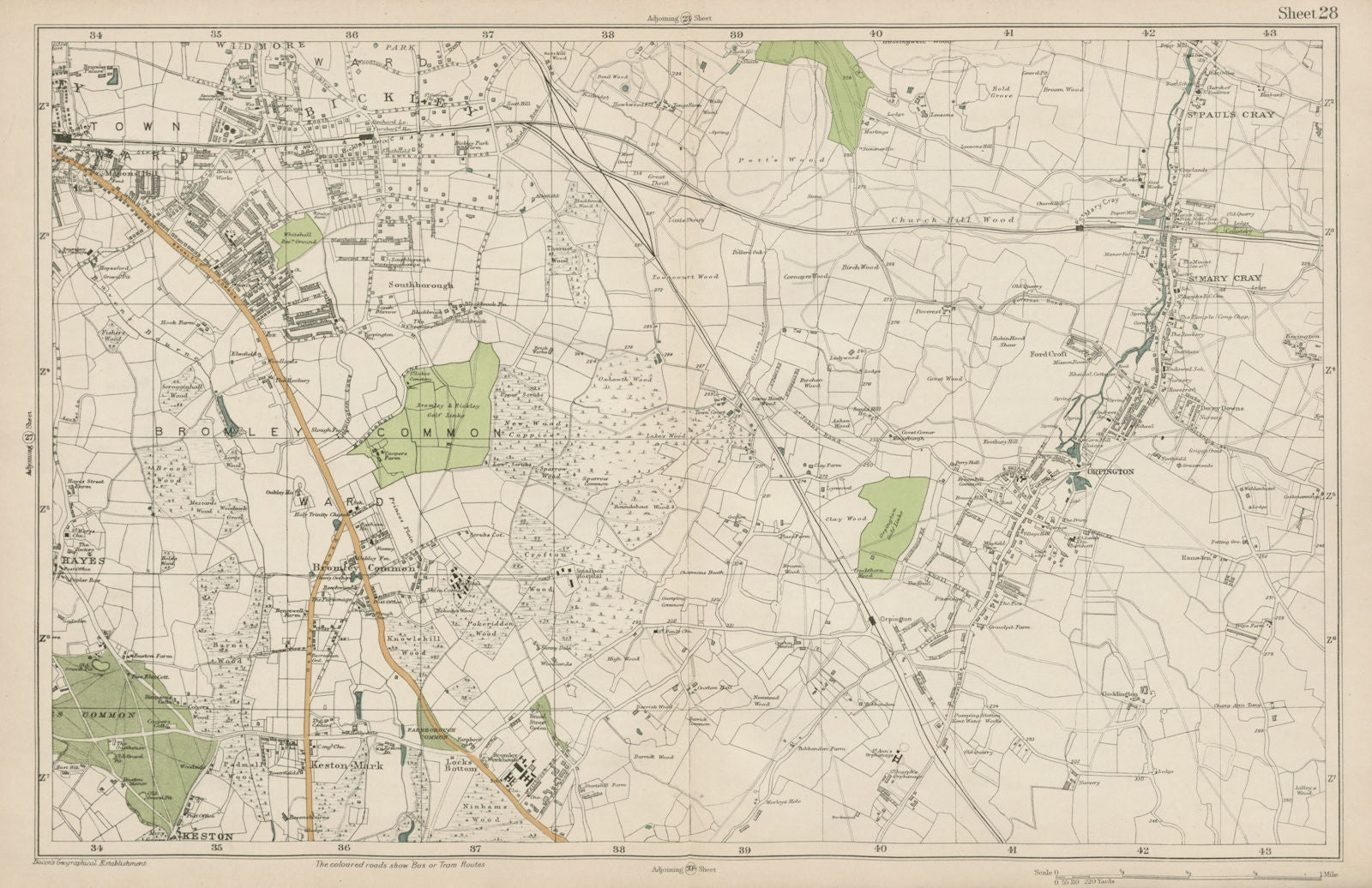 BROMLEY & ORPINGTON Hayes Petts Wood Keston St Paul's Mary Cray. BACON  1919 map